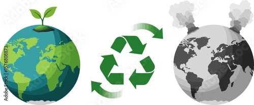 Environmental conservation and pollution recycle concept green earth vs polluted earth illustration