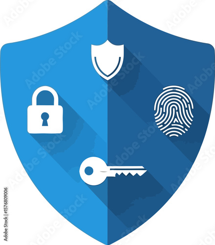 Security shield with key fingerprint and lock for data protection and privacy concept vector design