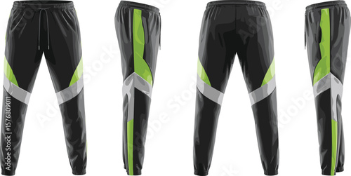 Black green jogger pants fashion cad, technical flat vector, front side back view, modern athleticwear illustration, editable design template for active clothing