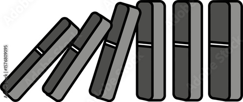 Domino effect illustration in gray and white, dominoes falling, chain reaction, business concept, game pieces