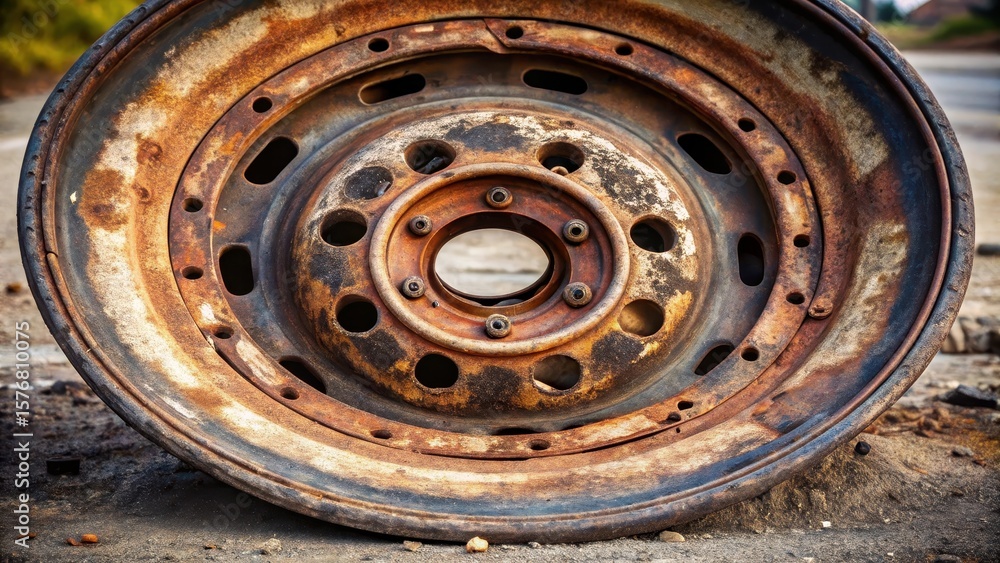 Old worn lorry wheel with deep hole in center Old worn lorry wheel with deep hole in center
