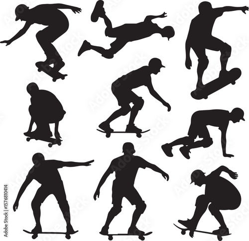 Skateboarding Silhouette Bundle Vector Set

Urban Skater Tricks Silhouette Collection

Extreme Skateboard Moves Silhouette Pack

Youth Skateboarding Action Vector Design

Cool Skater Poses Silhouette 