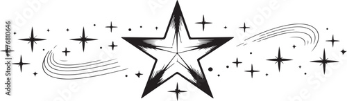 Hand-drawn abstract vector illustration with a black compass rose pattern and star decoration