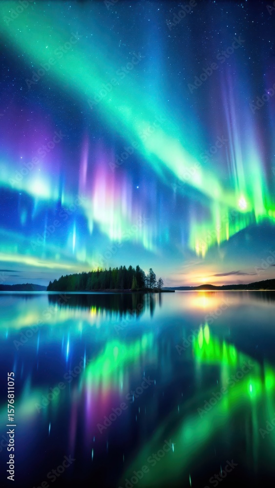 Aurora Borealis Display Over Calm Lake Aurora Borealis Display Over Calm Lake