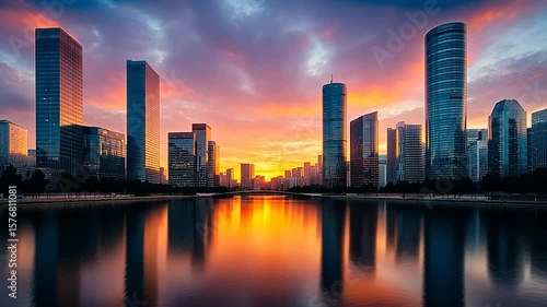 Wallpaper Mural Sunrise over a modern city skyline reflected in calm water Torontodigital.ca