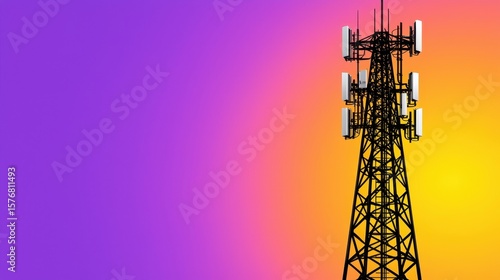 Metallic Communication Tower Against Vibrant Purple and Orange Gradient