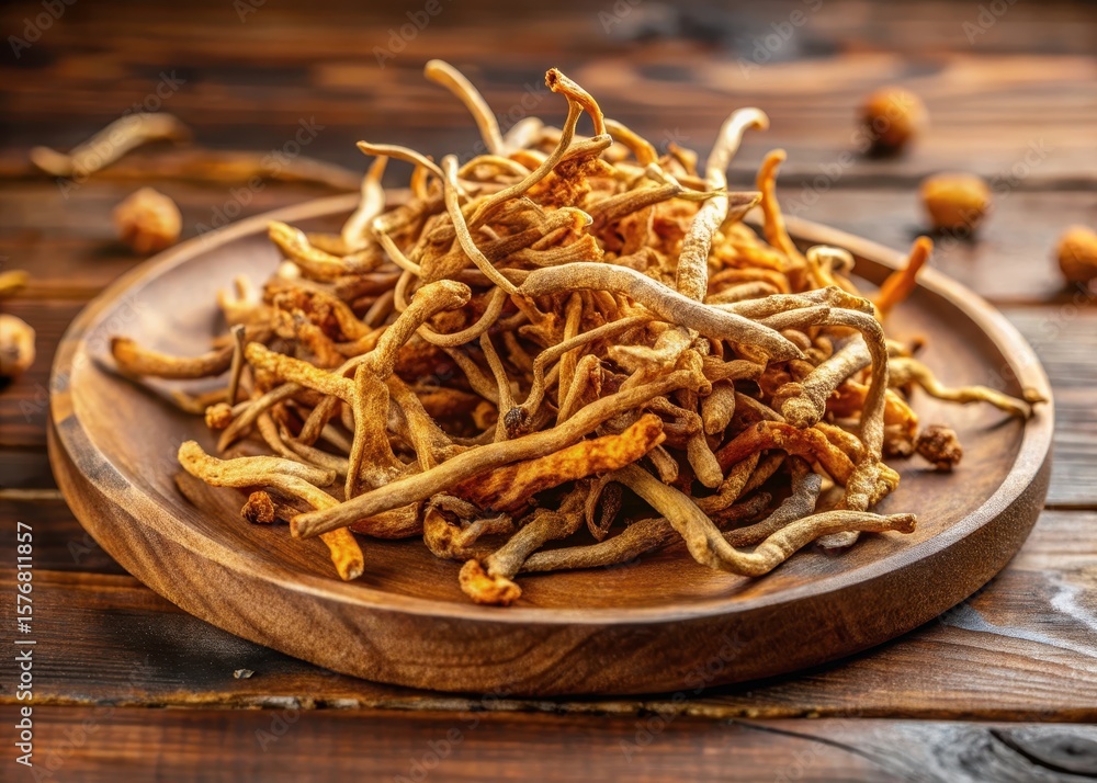 custom made wallpaper toronto digitalA collection of dry cordyceps militaris mushrooms arranged on a wooden plate in a natural setting