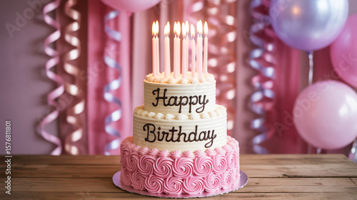 A three-tiered birthday cake with white buttercream frosting and pink rosette decorations on the bottom tier