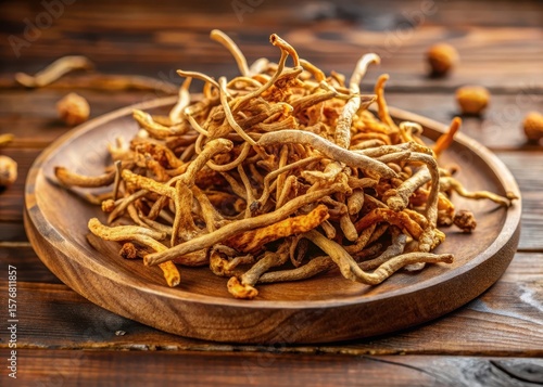 A collection of dry cordyceps militaris mushrooms arranged on a wooden plate in a natural setting
