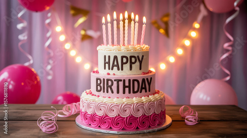 A three-tiered birthday cake with white buttercream frosting and pink rosette decorations on the bottom tier
