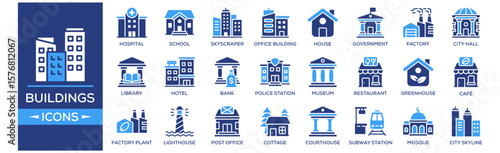 Buildings icon set. Containing design Hospital, School, Skyscraper, Office Building, House. Solid icon collection.