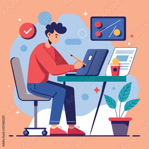 Young professional concentrating at desk using laptop and working from home with plants