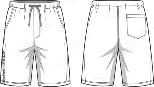 Mens shorts flat vector illustration, front and back view, drawstring waistband, pocket detail, fashion technical sketch, summer casual wear design, editable CAD template