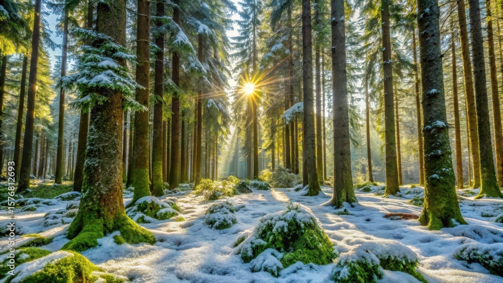 Dense snow-covered trees with moss carpeting the forest floor Dense snow-covered trees with moss carpeting the forest floor