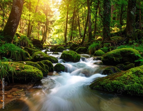 Lush forest stream. Sunlight streams through trees