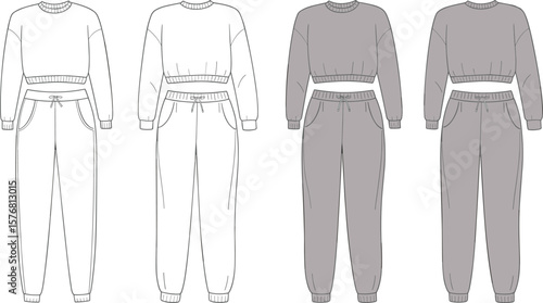 Cropped sweatshirt and jogger pants set cad drawing, flat fashion vector, cozy loungewear outfit, ribbed cuffs, drawstring waist, front and back technical sketch