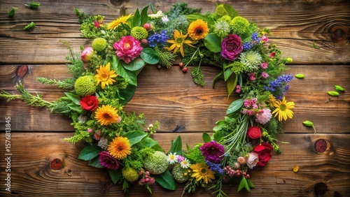 A beautiful floral wreath made of mixed greens and colorful flowers