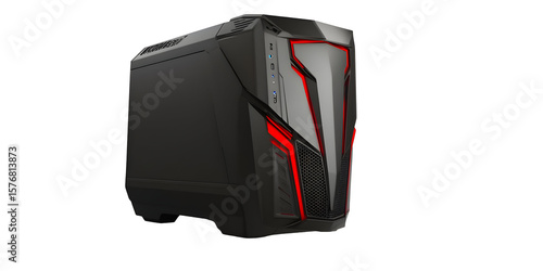 High-Performance Gaming PC Tower with Sleek Design and Red LED Lighting, Isolated on Black