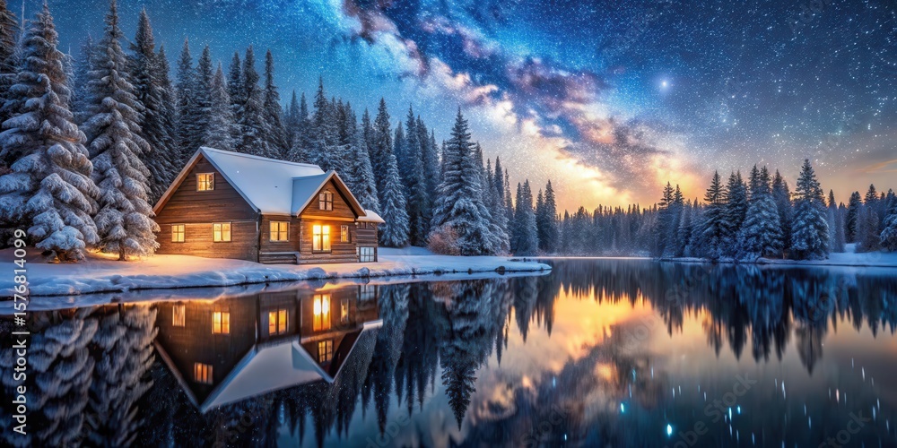 Fototapeta premium Wooden cottage under starry night sky with midnight sun reflection on serene lake waters surrounded by snow-covered trees and silence