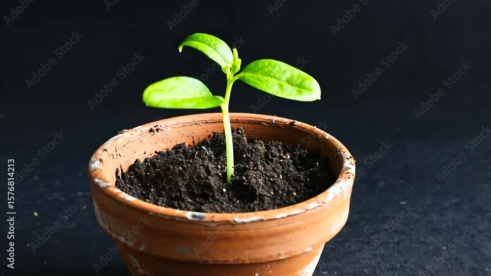 A young green plant sprouting from dark soil in a rustic terracotta pot against a black background A young green plant sprouting from dark soil in a rustic terracotta pot against a black background