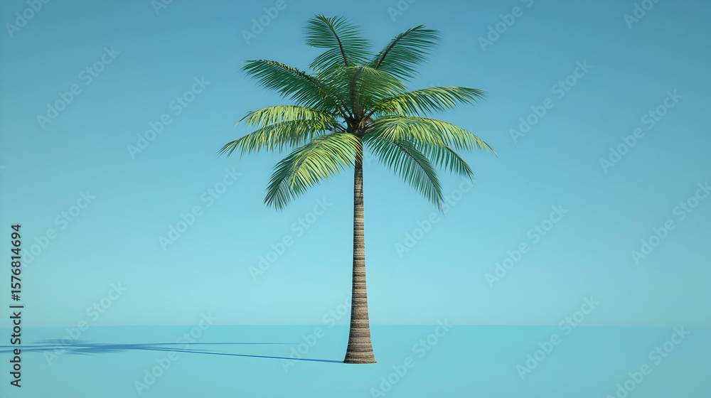 Obraz premium Palm tree on blue backdrop, featuring its slender trunk and vibrant green leaves, creating a serene tropical vibe suitable for summer themes, vacation visuals, or any project seeking to evoke