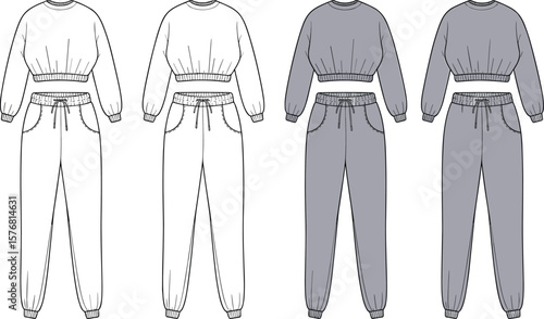 Fashion flat sketch of women’s tracksuit, crop sweatshirt and jogger pants front and back view, vector template, technical drawing, casual wear, elastic waistband design