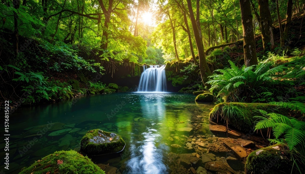 Obraz premium Lush forest waterfall scene