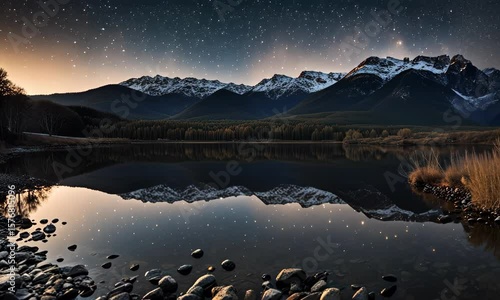 Sunrise over a calm mountain lake with a reflection