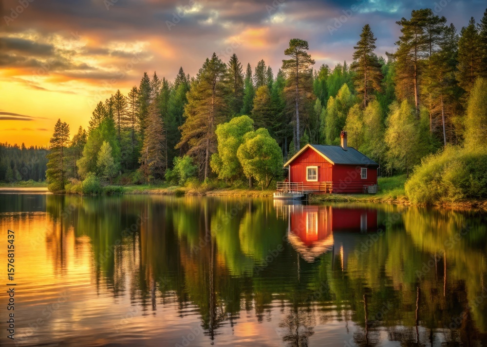 Obraz premium Rustic red cottage on a serene lake surrounded by tall trees and lush greenery at sunset