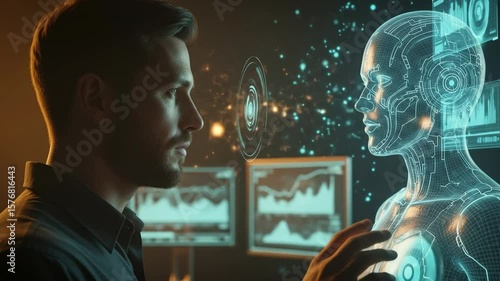 Man interacting with a holographic robot, showcasing technology and data analysis in a futuristic setting