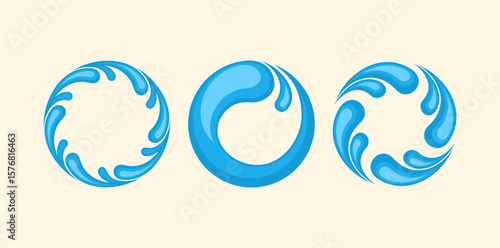 Modern water logo design, bold swirl drop elements. branding bottled water, water treatment, marine industries. Blue water drop splash icon, drops on isolated background, rain splash, rain drop