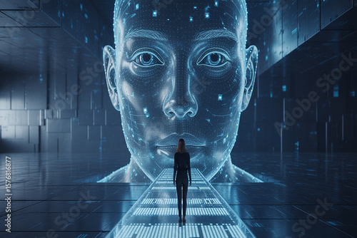 Woman approaches giant digital face futuristic technology