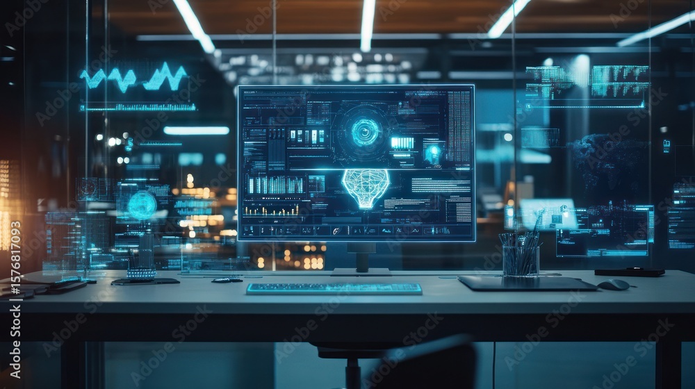 Futuristic Tech Workspace: AI and Data Visualization on Display Futuristic Tech Workspace: AI and Data Visualization on Display