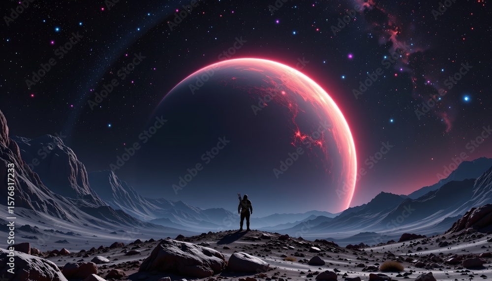 Fototapeta premium in this artwork, a lone astronaut stands in front of an imposing celestial body that resembles a planet with a reddish orange hue