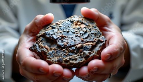a person's hand holding a rock with an open pit in it, revealing the inside