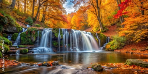 waterfall in forest with vibrant autumn leaves