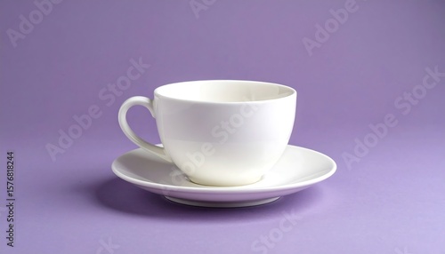 Elegant White Teacup and Saucer Displayed on a Smooth Purple Background in a Studio Lighting
