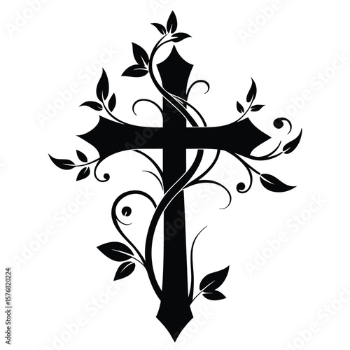 Ornate Floral Cross Design Elegant Black and White Christian Symbol