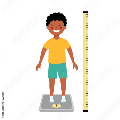 Measure boy kid height and weight in flat design concept vector illustration.