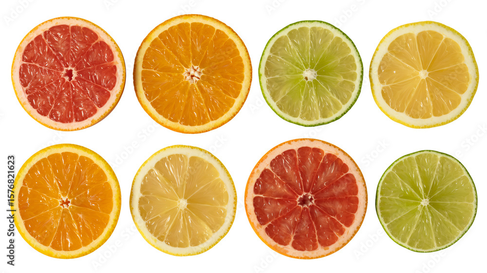 Fototapeta premium A vibrant array of eight citrus fruit slices is neatly arranged in two rows on a white background, featuring grapefruits, oranges, lemons, and limes. 