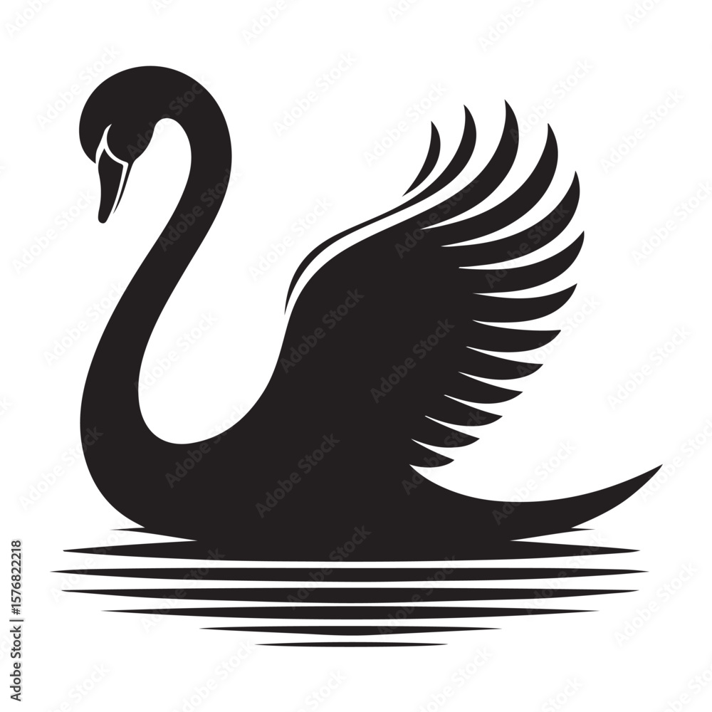 Fototapeta premium Swan silhouette and reflection, Black Swan Vector Illustration, White Background.