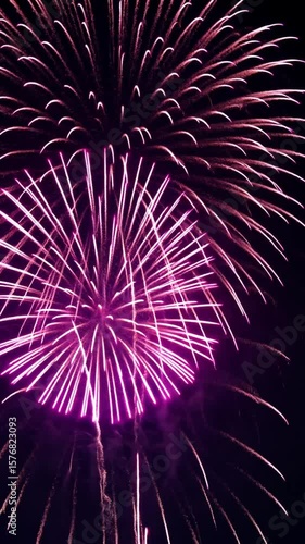 fireworks in the sky, fireworks at night, Vibrant fireworks display with pink and purple explosions in night sky, celebration concept, new year, A vibrant display of fireworks lights up the night sky