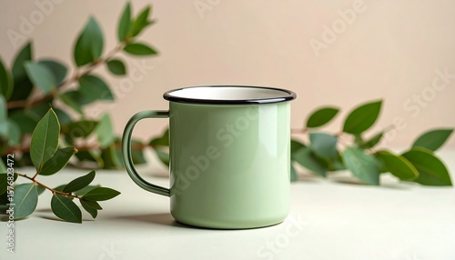 Light Green Enamel Mug with Eucalyptus Leaves on Beige Background a Minimalist Still Life