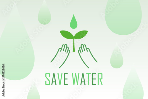 SAVE WATERの文字と芽・手・水滴をあしらった節水メッセージバナー（環境保護 水資源 持続可能 ベクター）

