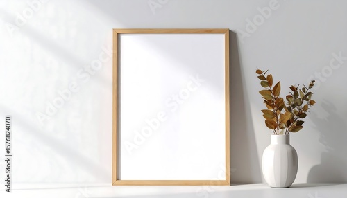 Minimalist Wooden Frame with Bronze Leaves in a White Vase on Display