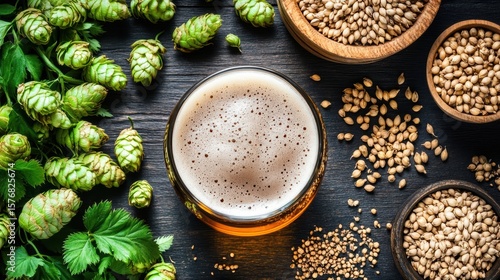 Top View of Craft Beer Surrounded by Hops and Barley on Dark Wooden Background.