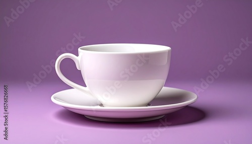 Pristine White Teacup and Saucer on Lavender Background Simple Elegant Still Life