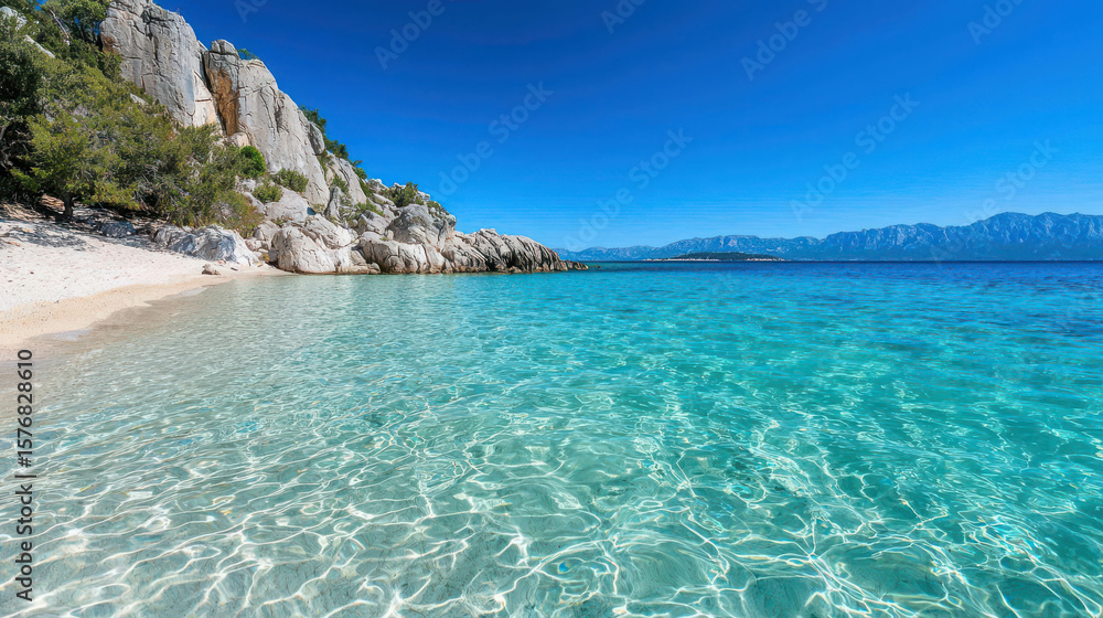 Fototapeta premium Tranquil beach scene with clear turquoise water, rocky shoreline, and distant mountains under a bright blue sky on a sunny day