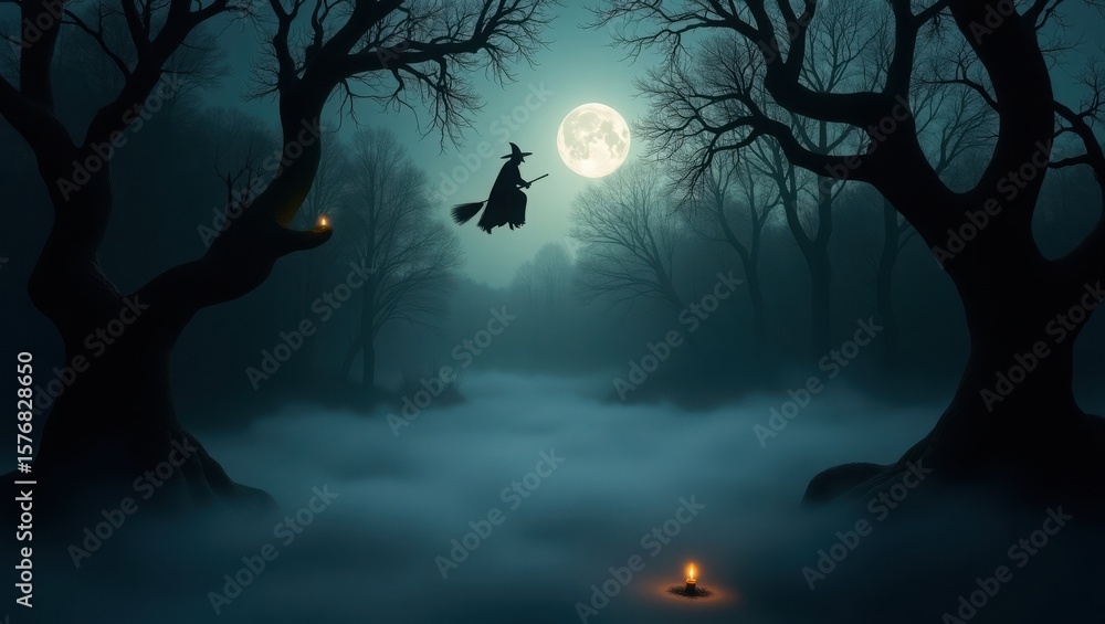Fototapeta premium Spooky Halloween scene with witch silhouette flying on broomstick across full moon through misty forest with bare twisted trees and flying bats