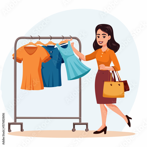 Stylish young woman joyfully shopping and holding up a dress in front of a clothing rack � a vibrant fashion-themed vector capturing the experience of personal style discovery